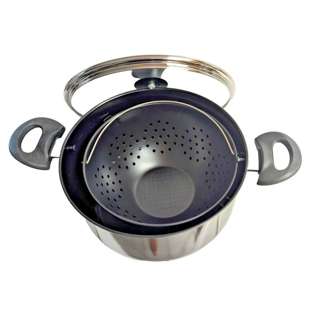 Easy Strain Pot Tilt Non-Stick Cookware 3-pc Black Clear Steam Release Lid NEW